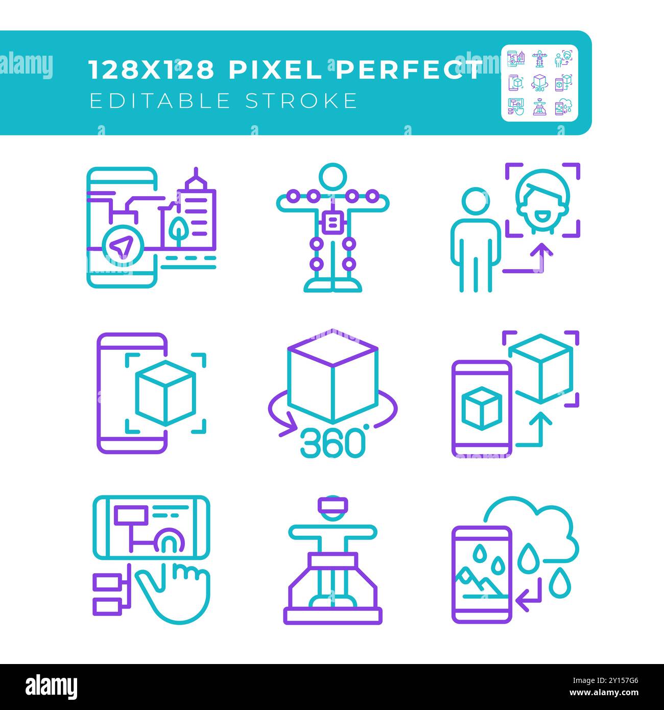 AR and VR technologies two color line icons set Stock Vector