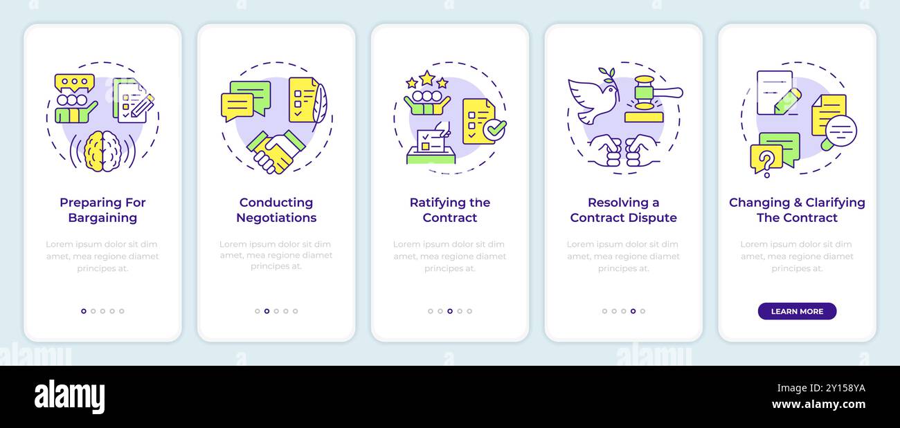 Stages of collective bargaining onboarding mobile app screen Stock ...