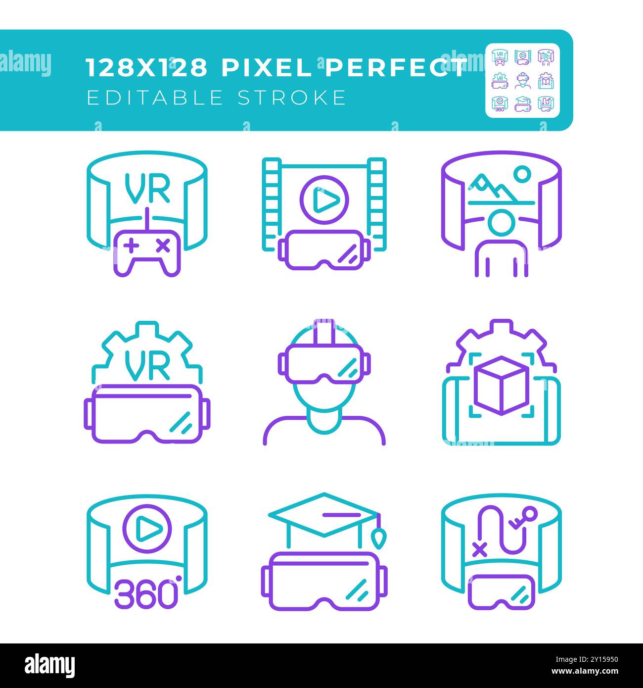 Virtual reality technology and applications two color line icons set Stock Vector