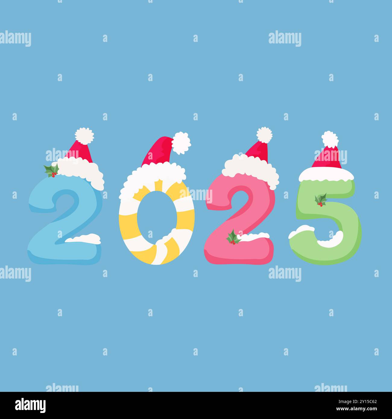 The Numbers 2025 In Santa Hats On A Blue Background Christmas Square The Numbers 2025 In Santa Hats On A Blue Background Christmas Square Design 2Y15C62