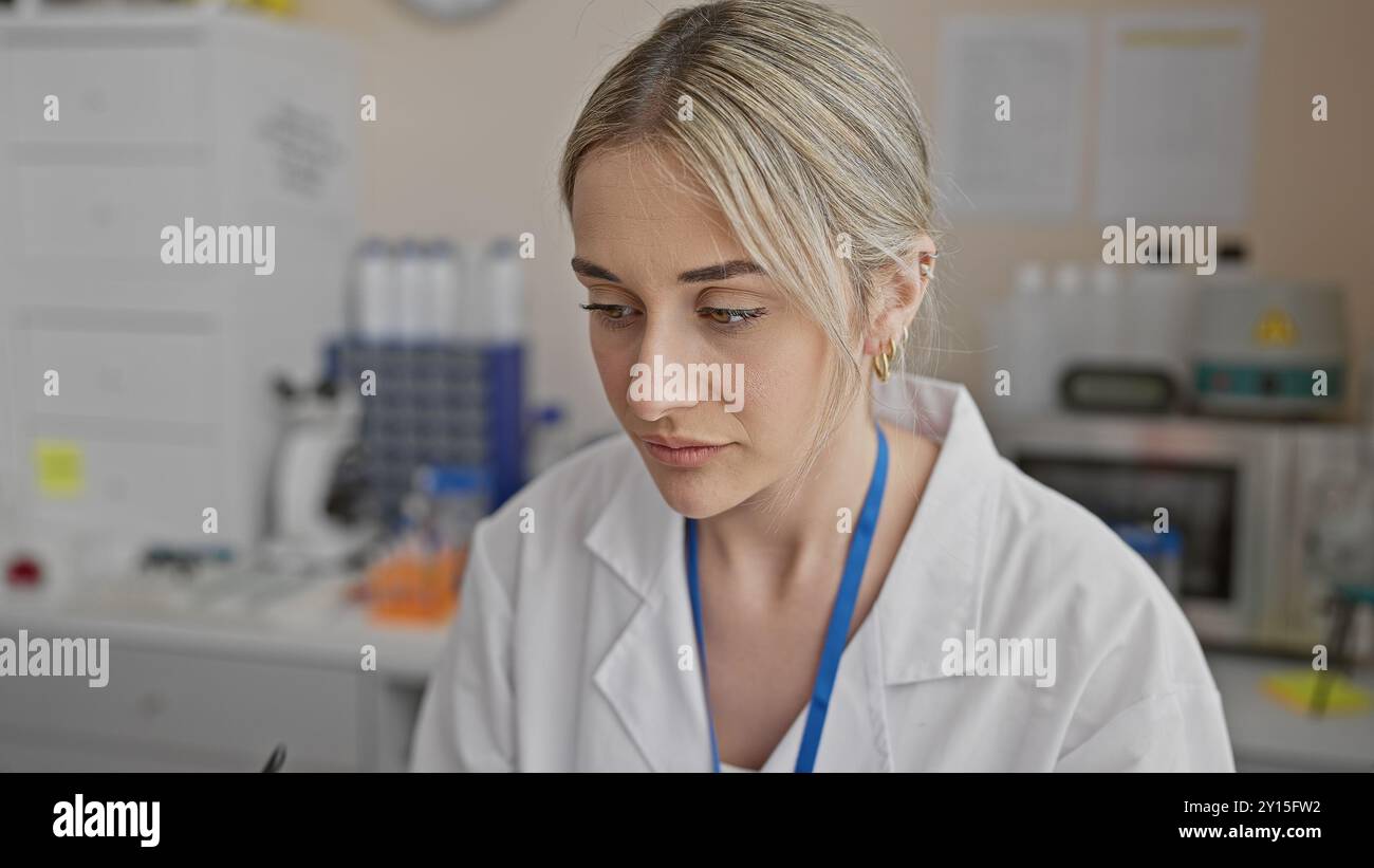 A thoughtful young woman with blonde hair in a white lab coat working ...