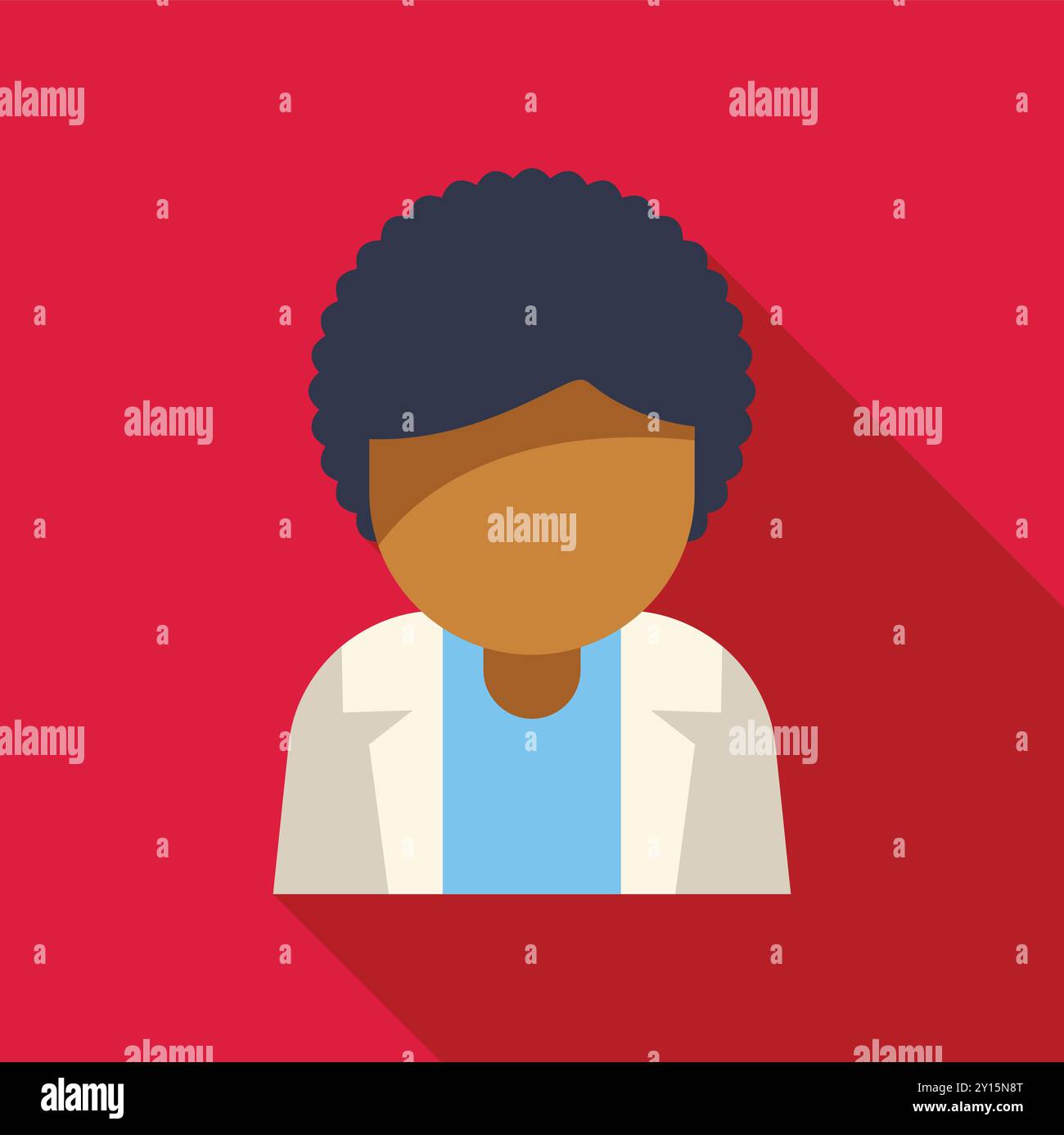 Minimalist flat illustration of a young male doctor with dark skin wearing a lab coat over a blue shirt on a red background Stock Vector