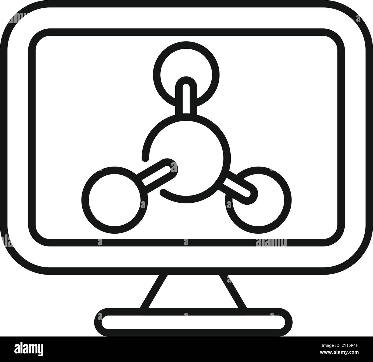 Simple, bold, line icon of a computer monitor displaying a molecule ...