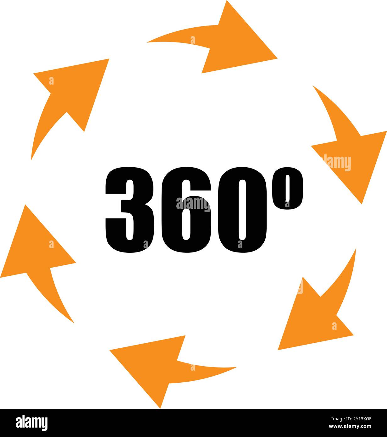 Orange arrows rotating around three hundred sixty degrees text indicating a complete circle Stock Vector