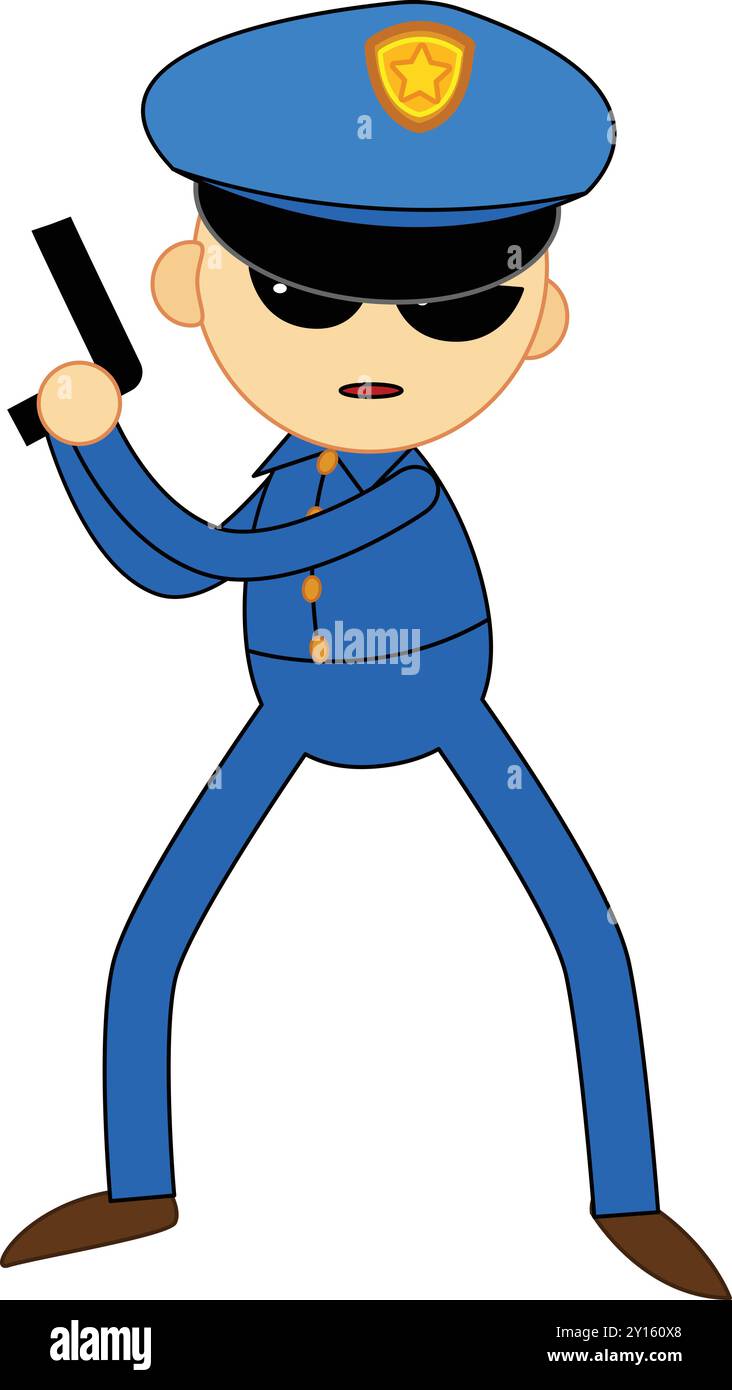 Cartoon police officer wearing blue uniform holding gun standing in ...