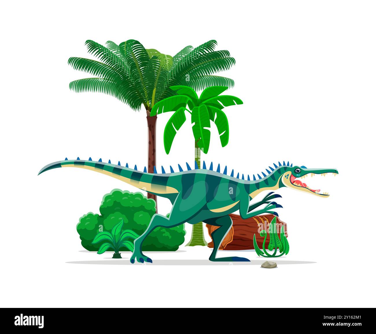 Baryonyx prehistoric dinosaur character in a lush tropical forest natural habitat with palm tree, log, fern and shrub. Isolated cartoon vector ancient carnivore reptile animal of Early cretaceous era Stock Vector