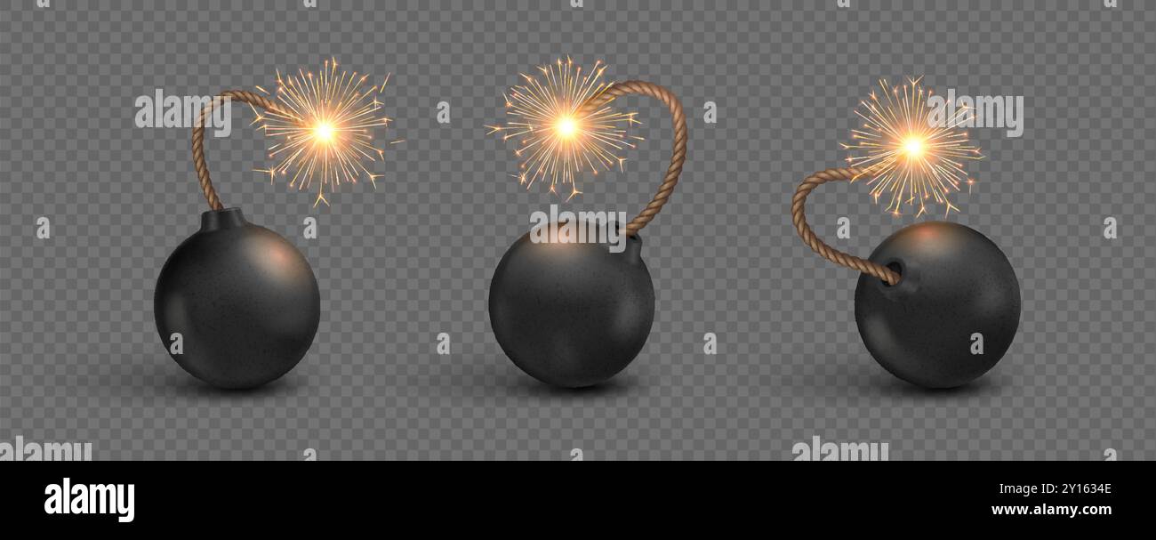 Realistic bomb with burning wick fuse, showing different stages of ...