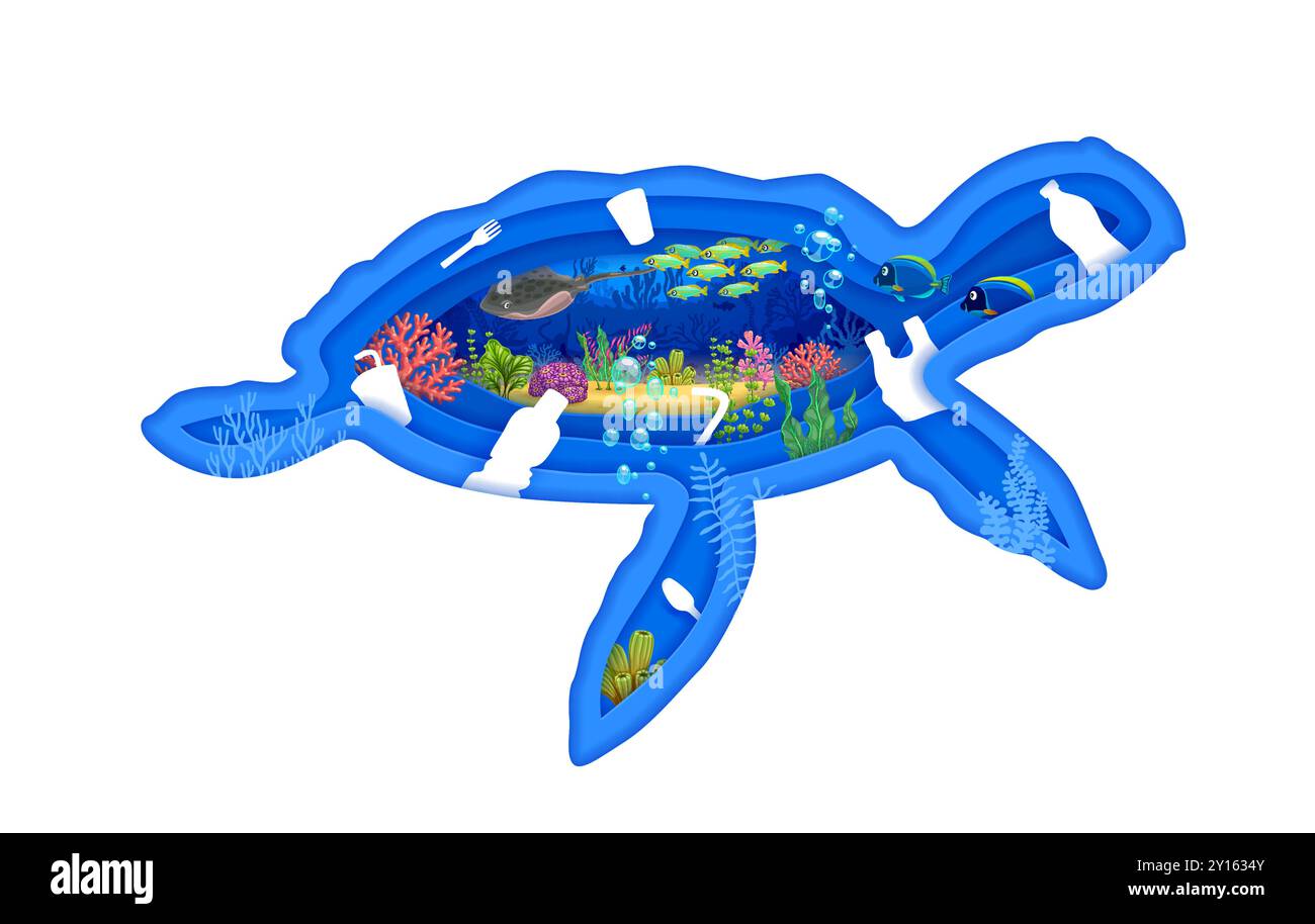 Turtle paper cut silhouette with plastic trash in sea waves. 3d vector ...