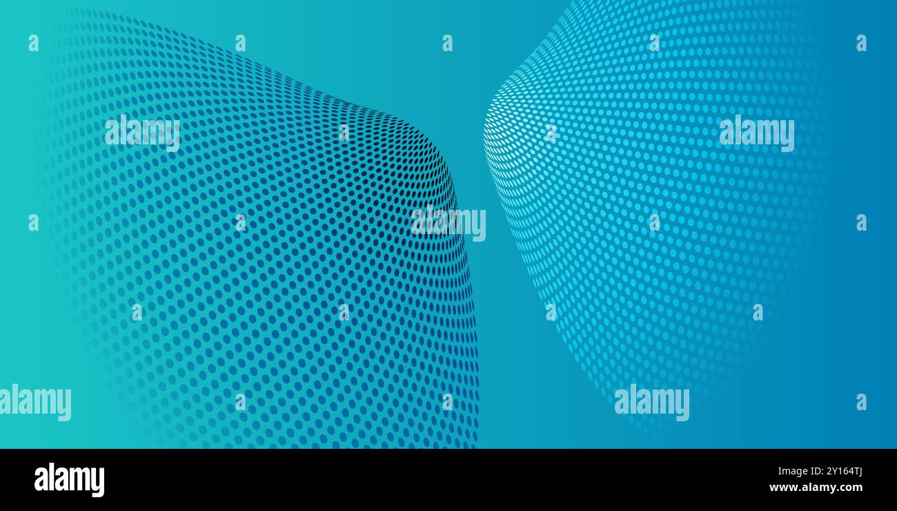 Dark and Light Blue Wavy Spotted Pattern - 3D Round Lit Surface - Futuristic Minimalist Background with Dotted Texture - Vector Illustration Stock Vector