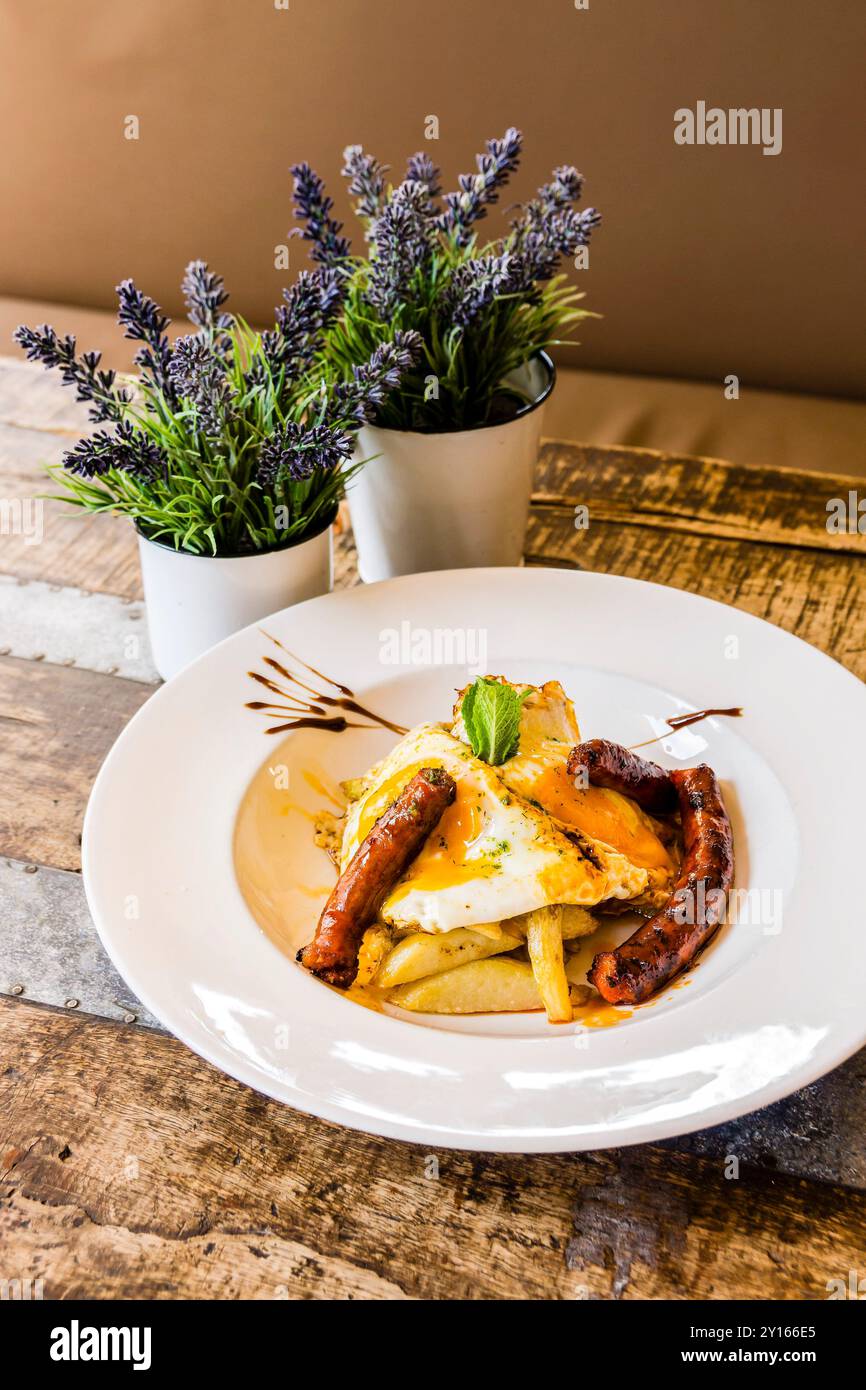 Scrambled eggs with chistorra, S'Escrivania restaurant, Porreres, Mallorca, Balearic Islands, Spain, Europe. Stock Photo