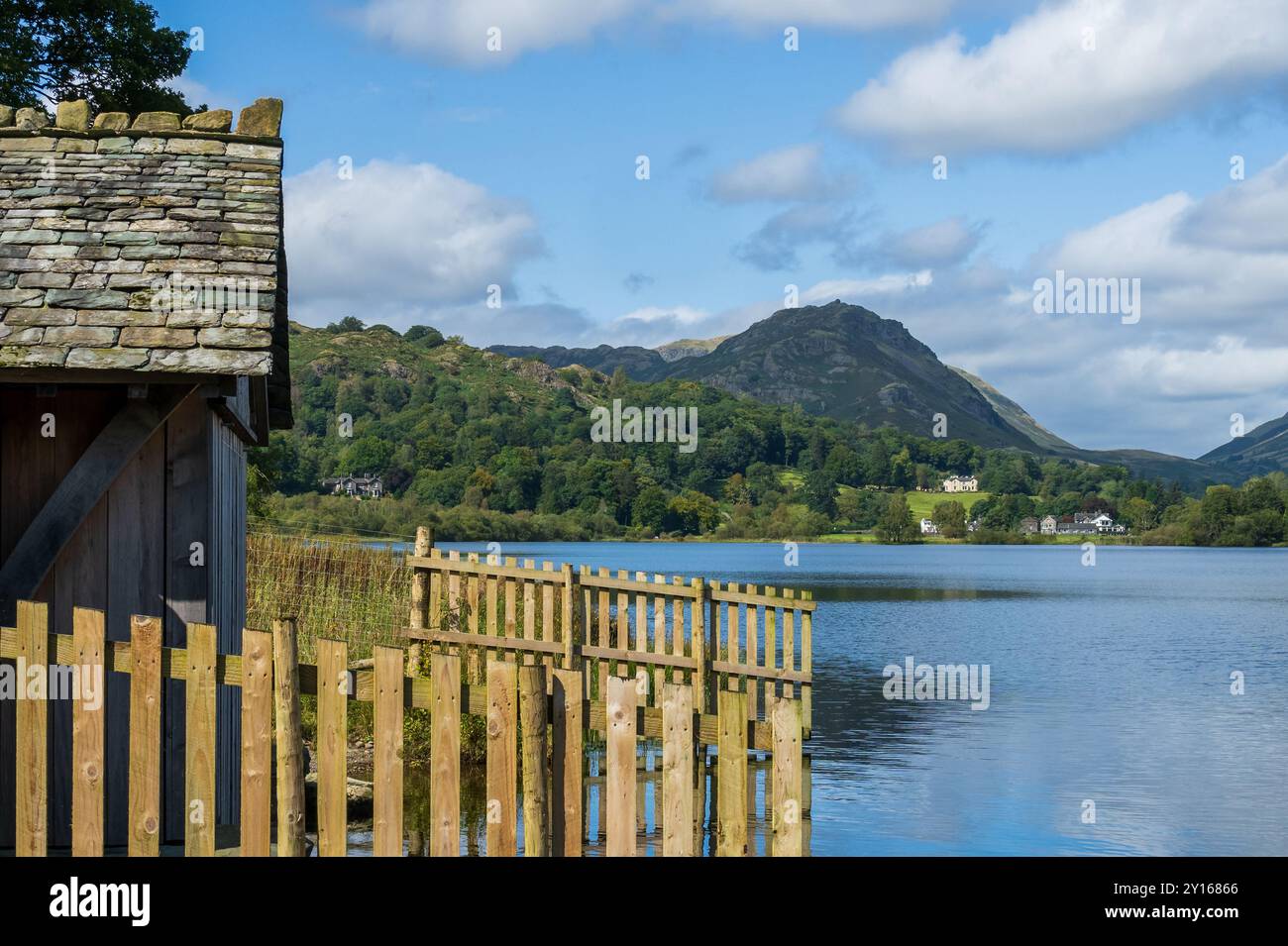Boathouse on Grasmere lake with Helm Crag aka The Lion and the Lamb above Grasmere village. Stock Photo
