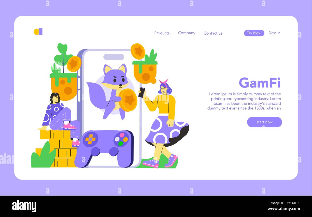 GameFi concept exploration with playful characters and cryptocurrency  elements in an engaging web interface design. Vector illustration Stock  Vector Image & Art - Alamy