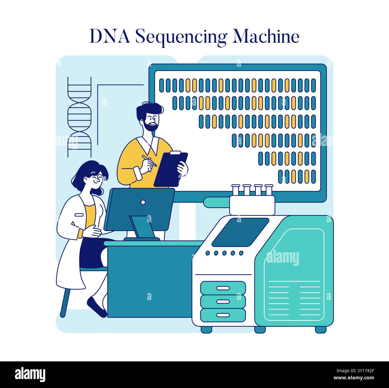 Biotechnology concept. Scientists using a DNA sequencing machine in a ...