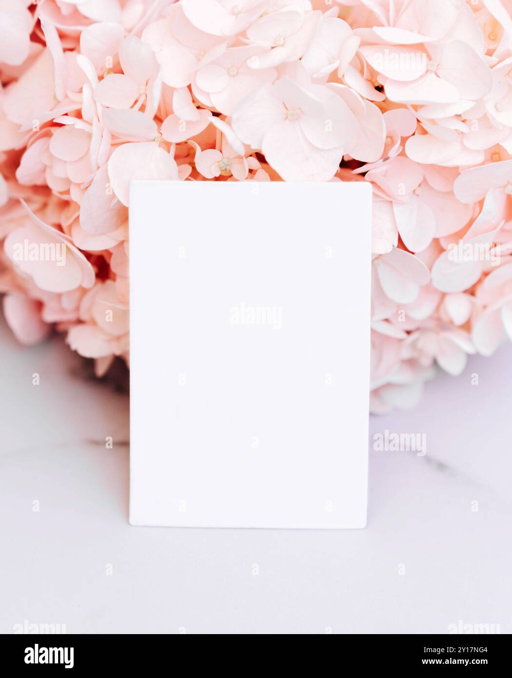 Mockup blank paper sheet card on pink hydrangea background. Business card mock up, name card, place card, front view. Designer template Stock Photo