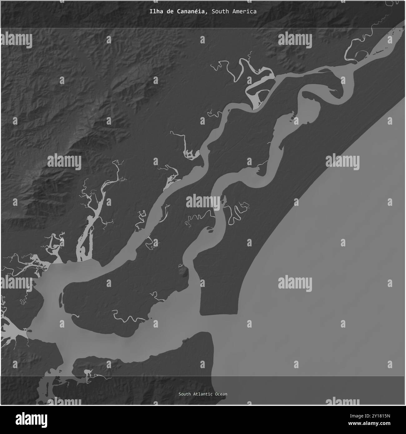 Ilha de Cananeia in the South Atlantic Ocean, belonging to Brazil, cropped to square on a bilevel elevation map Stock Photo