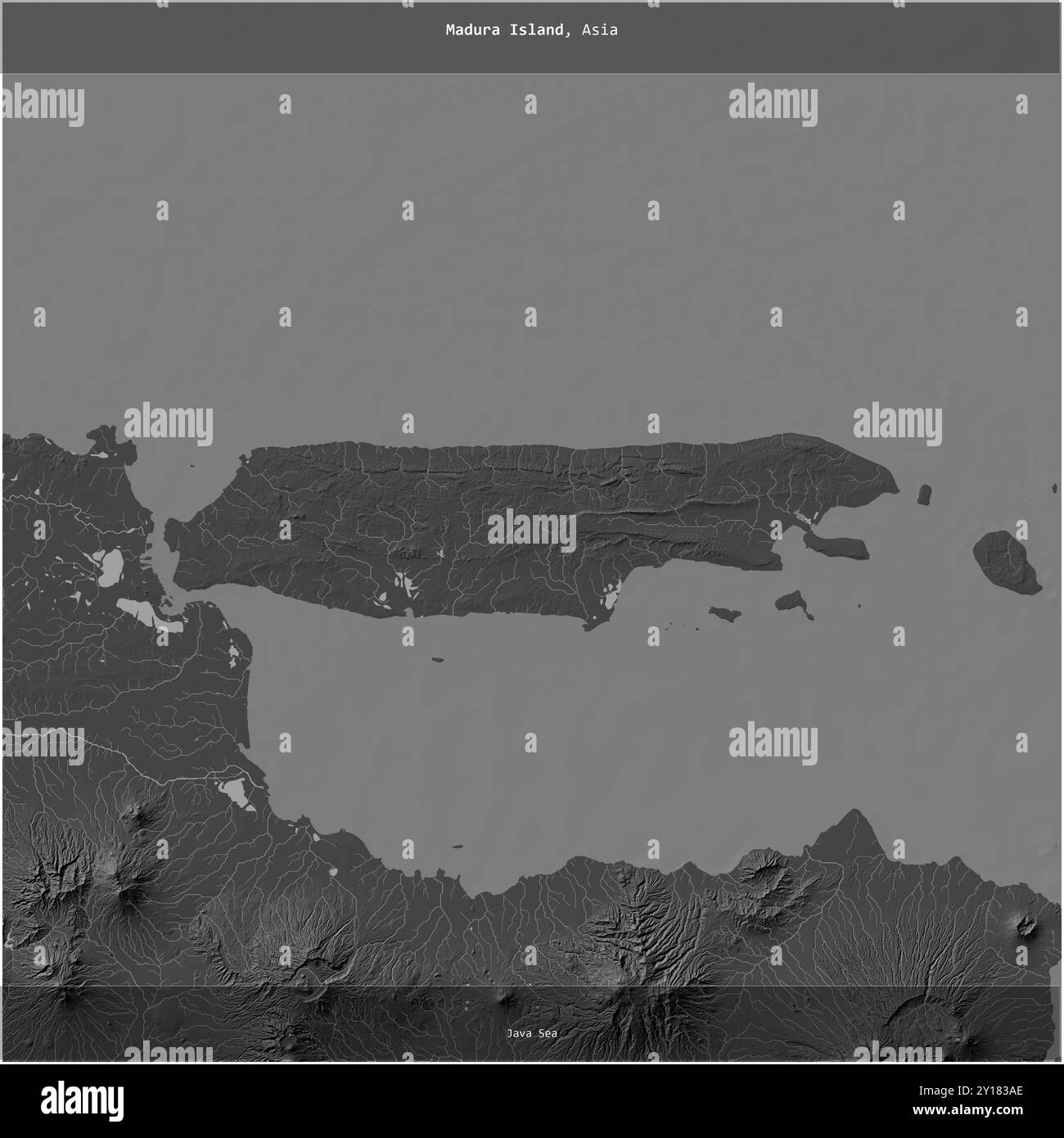 Madura Island in the Java Sea, belonging to Indonesia, cropped to square on a bilevel elevation map Stock Photo