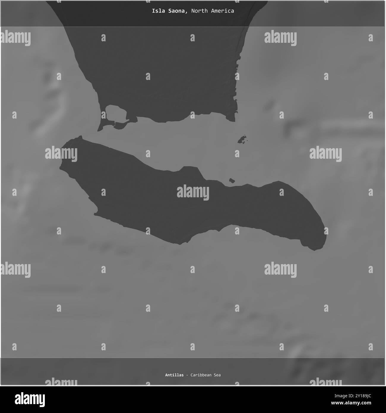 Isla Saona in the Caribbean Sea, belonging to Dominican Republic, cropped to square on a bilevel elevation map Stock Photo