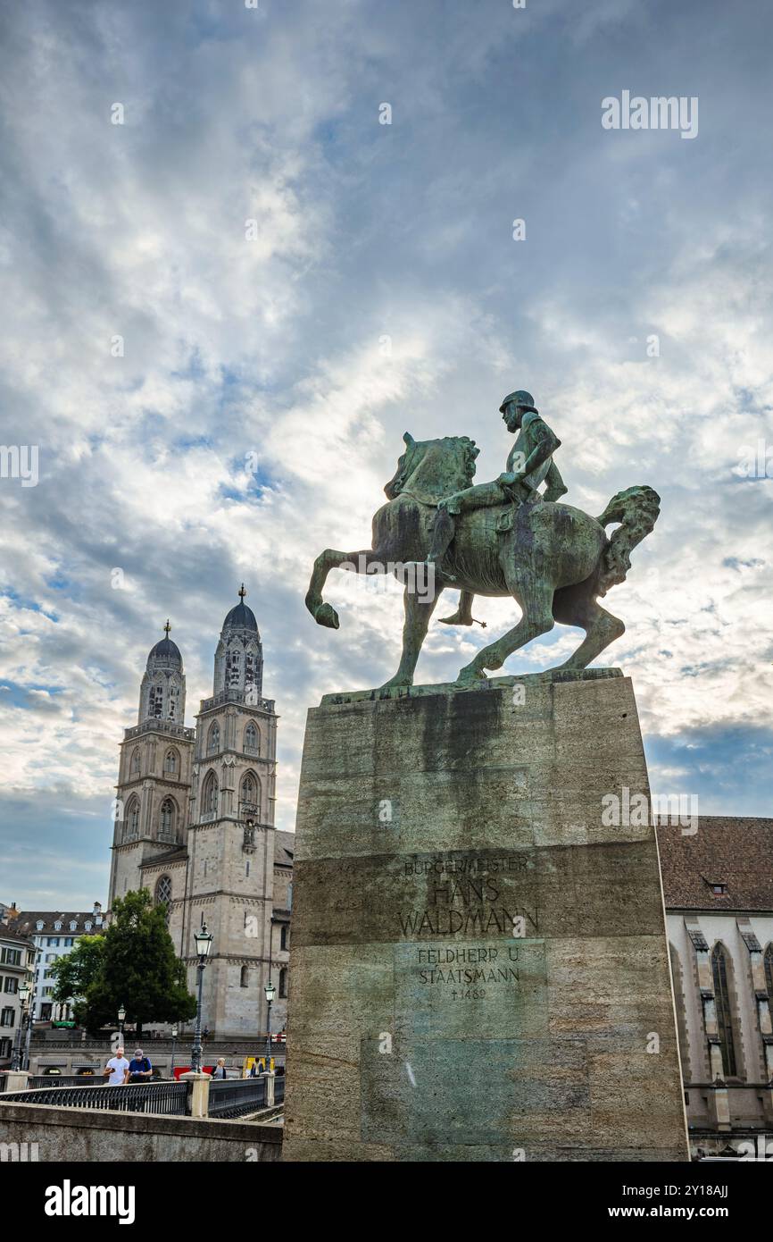 03-09-2024 Zurich, Switzerland. Hans Waldmann Statue near Munster bridge on a cloudy summer day, no people. Stock Photo