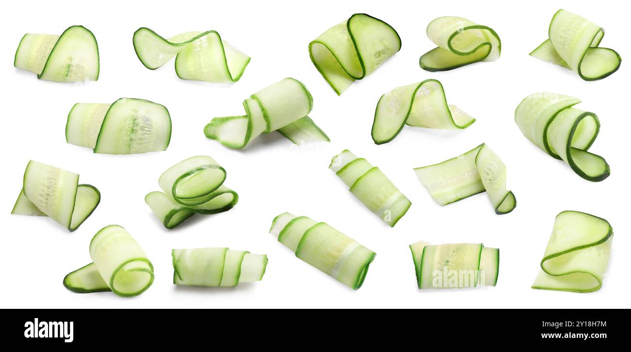 Thinly sliced cucumbers isolated on white, collage Stock Photo