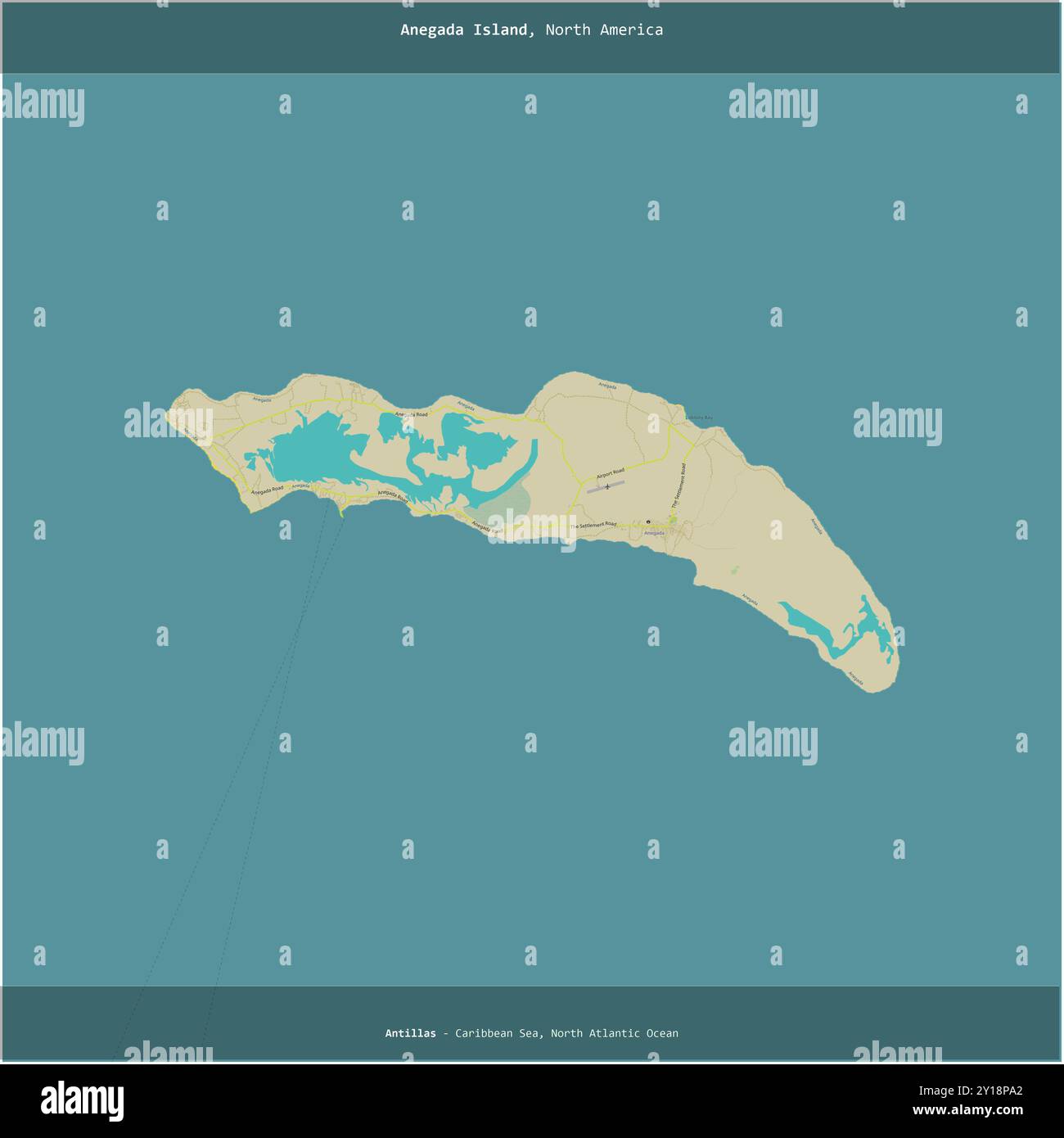 Anegada Island in the Caribbean Sea, belonging to British Virgin Islands, cropped to square on a topographic, OSM Humanitarian style map Stock Photo