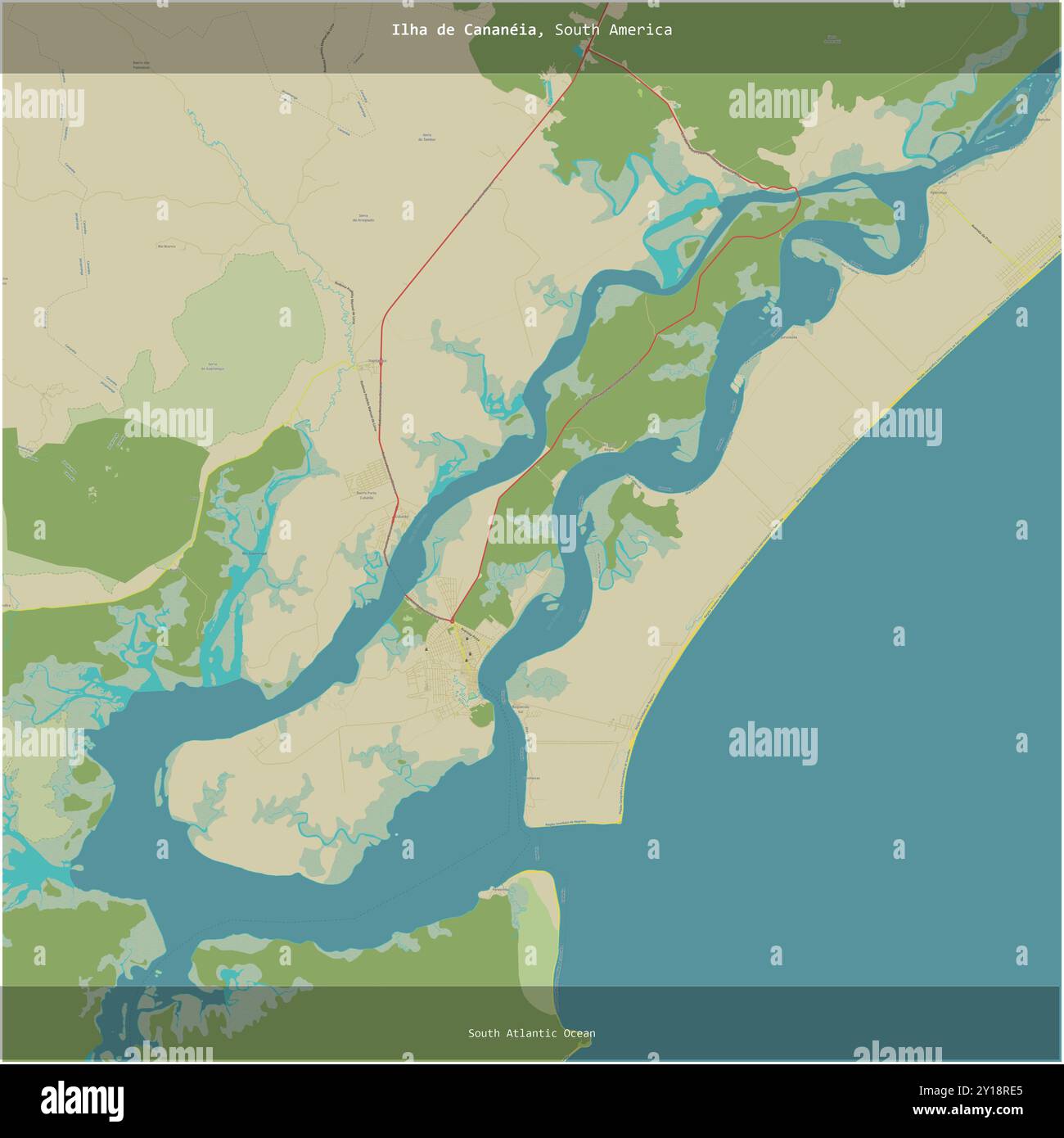 Ilha de Cananeia in the South Atlantic Ocean, belonging to Brazil, cropped to square on a topographic, OSM Humanitarian style map Stock Photo
