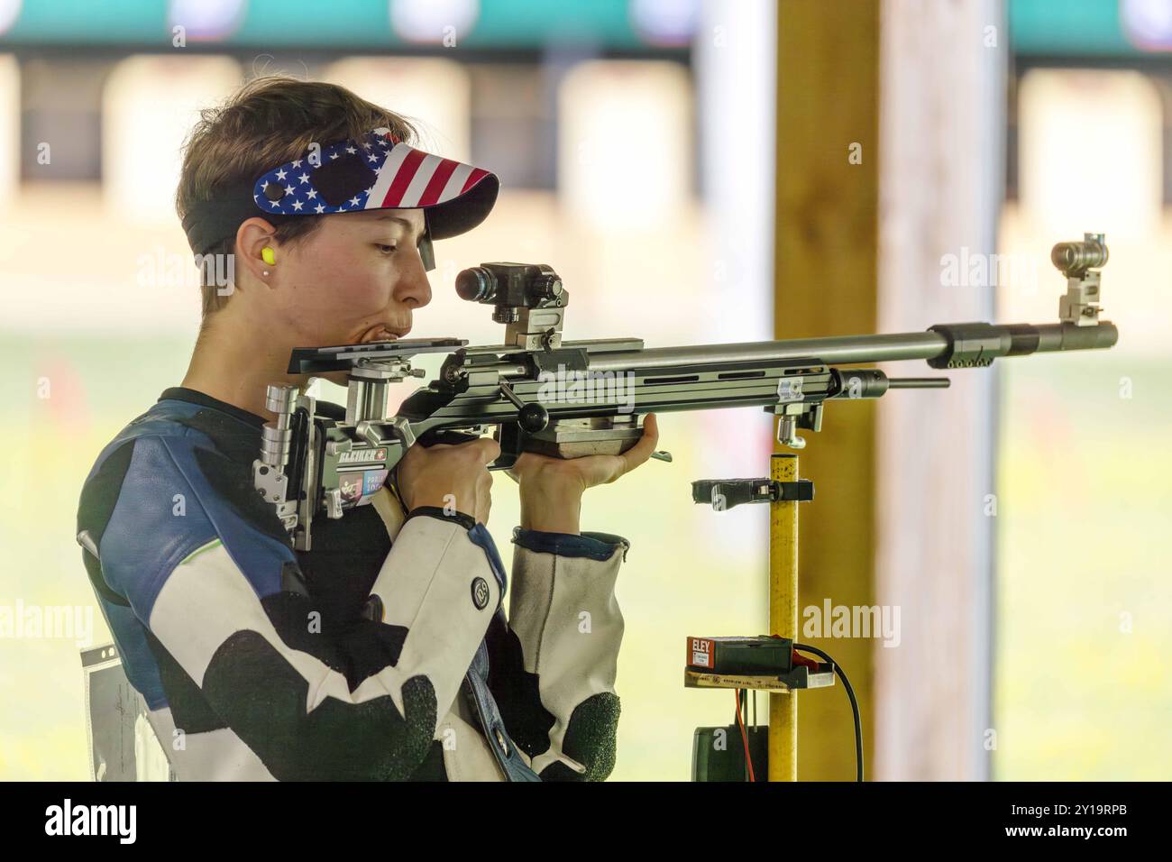 U.S. Army Sgt. Sagen Maddalena, Olympian and a Instructor/Shooter assigned to the U.S. Army Marksmanship Unit, shoots in the standing position during the Women's 50m 3 Position Rifle Qualifiers at the Chateauroux Shooting Centre, in Chateauroux, France Stock Photo