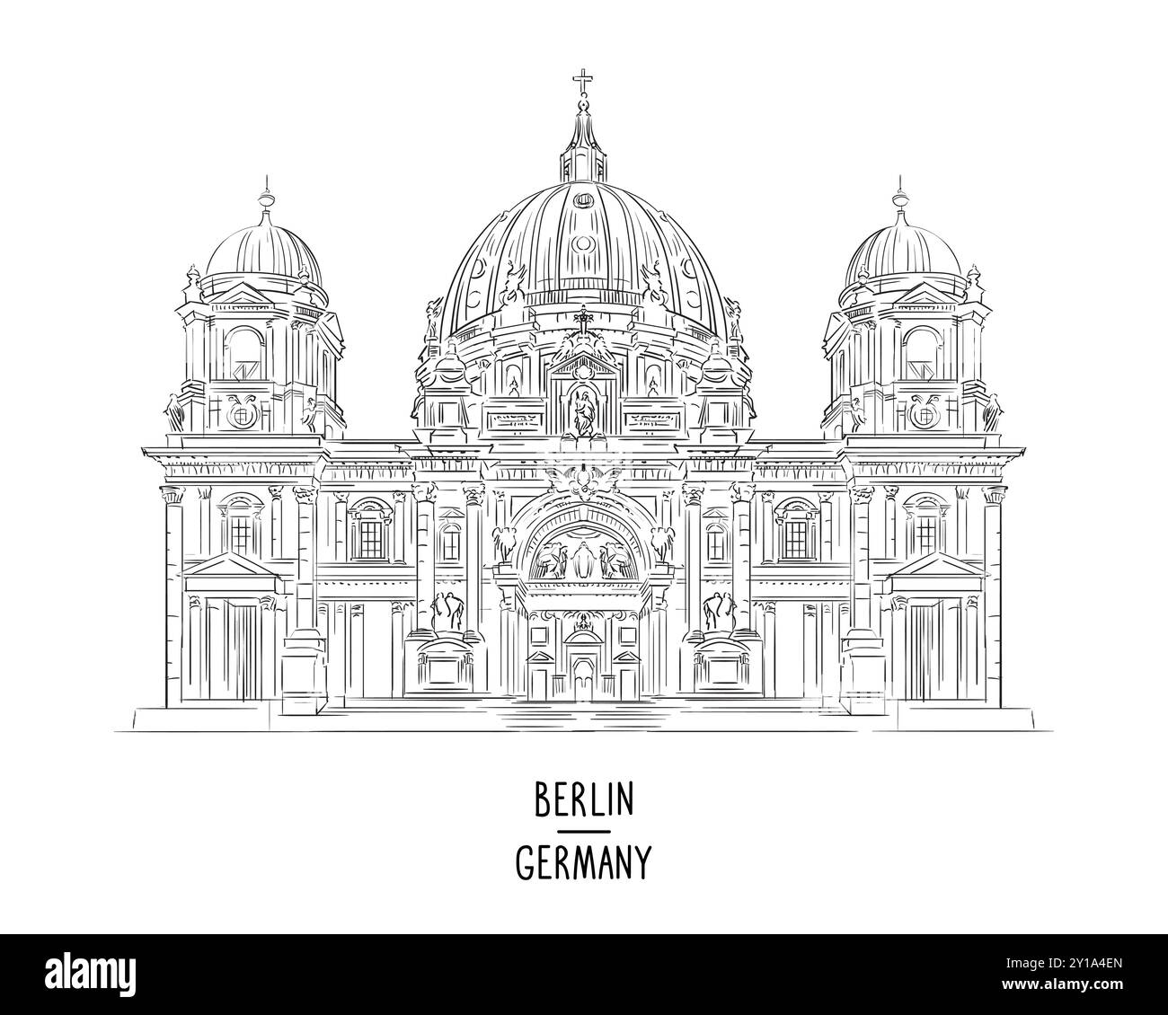 Germany hand drawn landmark. Detailed architecture of Berlin Cathedral vector illustration. Hand drawn sketch with attraction. Engraving style trendy Stock Vector