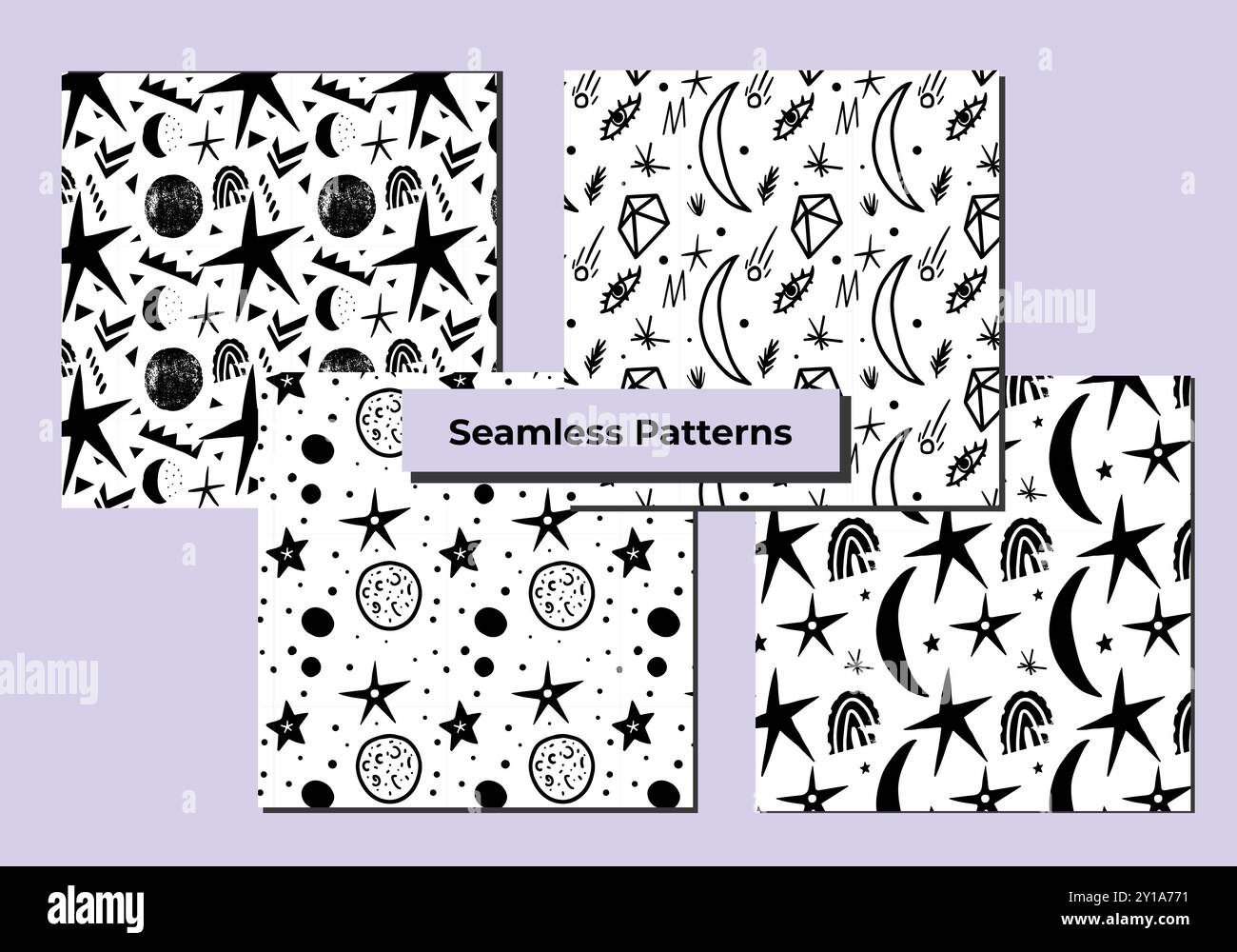 Black and white doodle galaxy seamless patterns Stock Vector