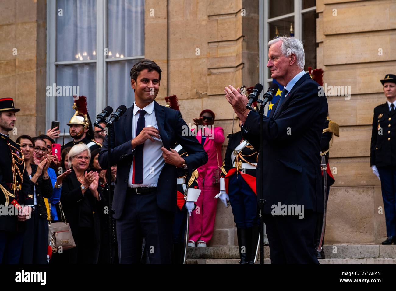 FRANCE-PARIS-POLITICS-PM-MATIGNON-GOVERNMENT Handover at the Hotel de Matignon between outgoing PM Gabriel Attal and the new mandate to form a government, Michel Barnier. In Paris, 5 September, 2024. PARIS ILE-DE-FRANCE FRANCE Copyright: xAndreaxSavoranixNerix FRANCE-PARIS-POLITICS-PM-MATIGNO ASAVORANINERI-32 Stock Photo