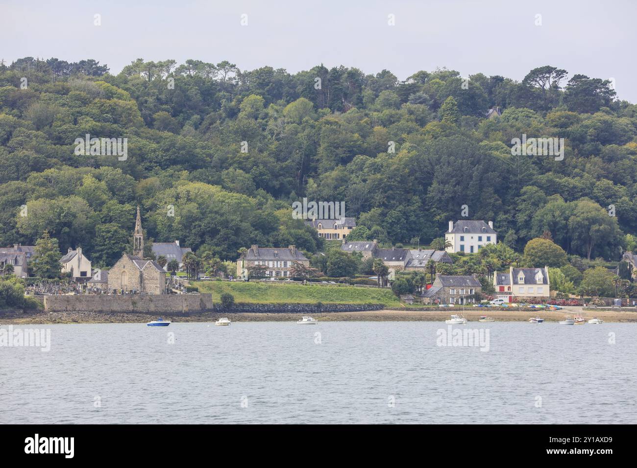 Landevennec with church Eglise Notre Dame, bay Rade de Brest ...