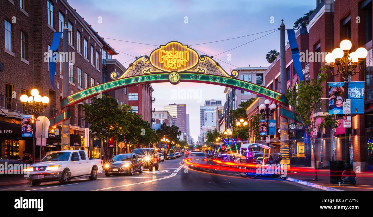 San Diego, California USA - April 26, 2017: Slow exposure light trails at the Gaslamp Quarter. Stock Photo