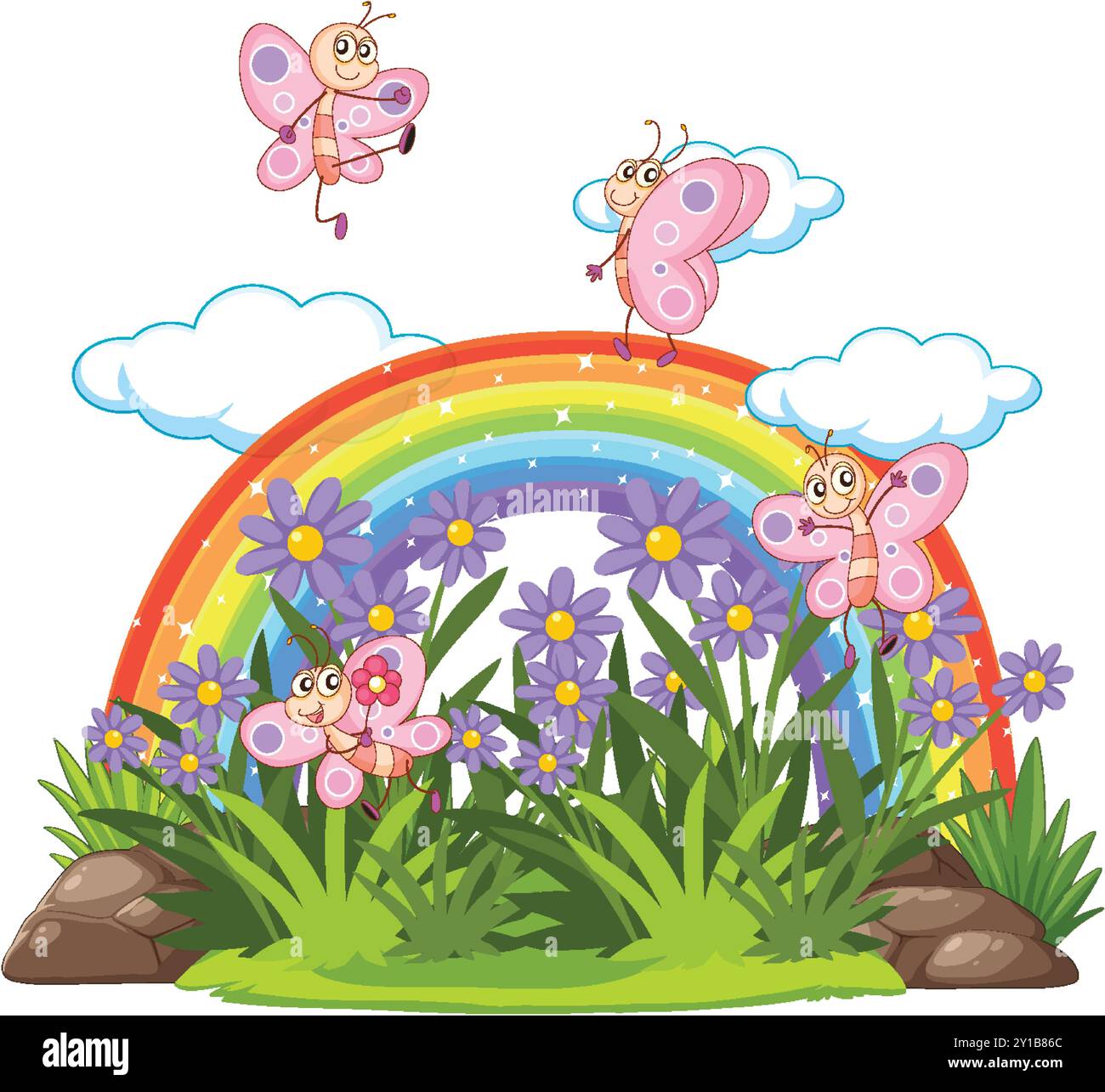 Colorful butterflies flying over flowers and rainbow Stock Vector Image ...