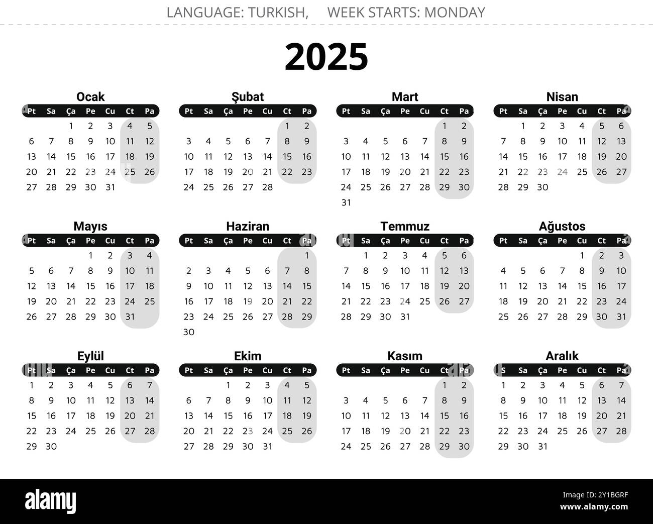 Calendar 2025 turkish. Printable vector illustration for Turkey in dark