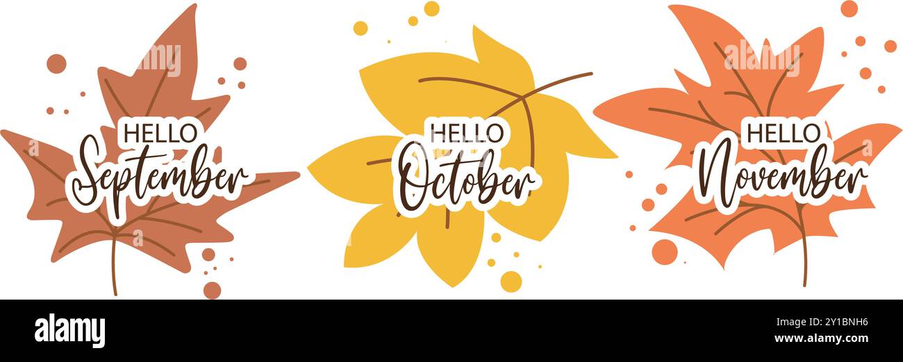 Colorful banners with autumn greeting inscriptions. Hello September, October, November. Set of red, orange, yellow leaves with quote, vector graphics Stock Vector