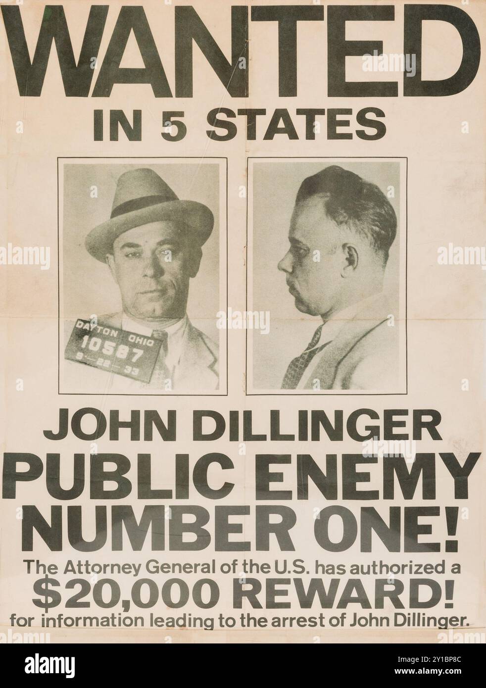 Classic wanted poster for John Dillinger - Public Enemy Number One! $20,000 reward - attorney general of the U.S. Wanted in 5 states, 1930s Stock Photo