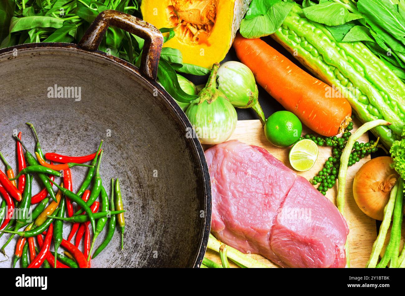 Wok Prep Preparation to asian traditional cooking. Wok and vegetables Stock ...