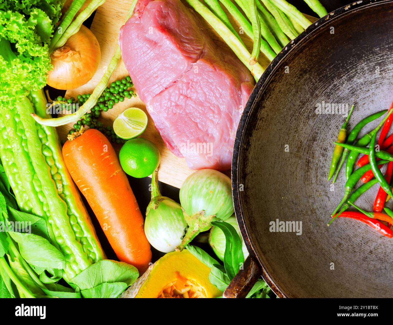 Wok Prep Preparation to asian traditional cooking. Wok and vegetables Stock ...