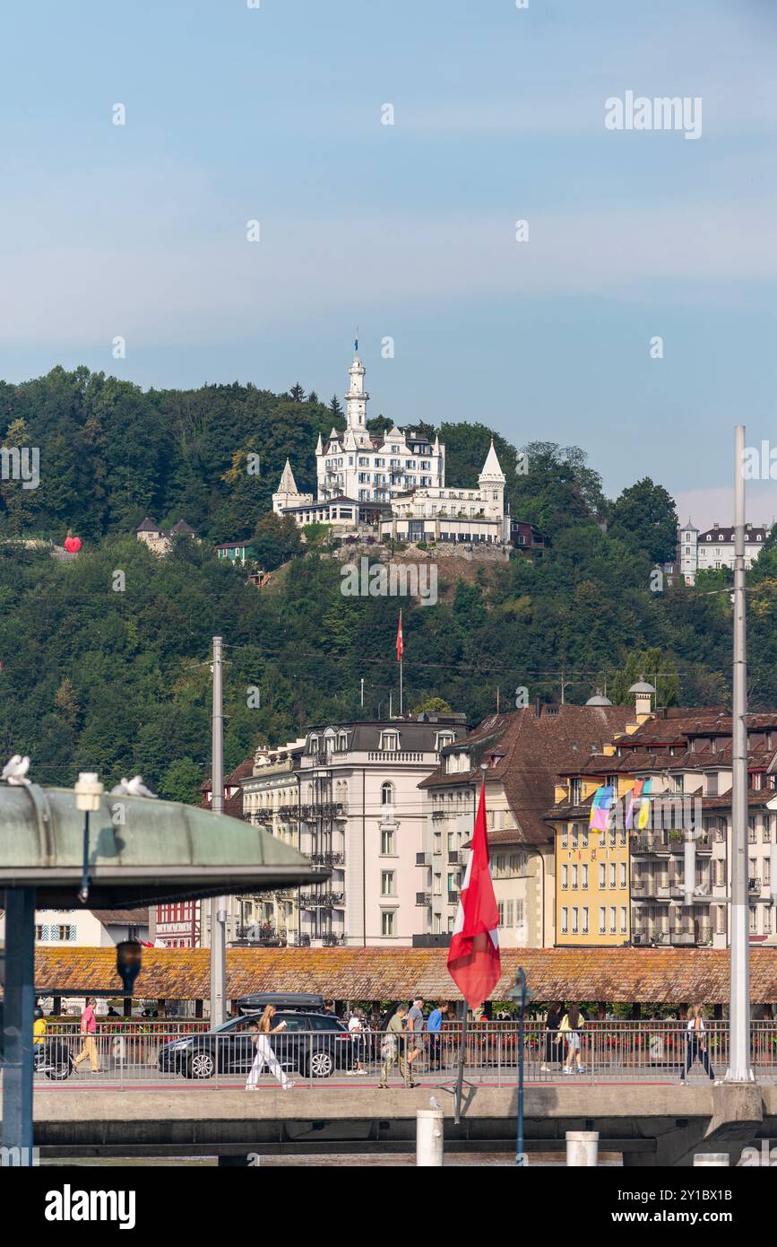 Scenic view of Lucerne city old town and hotel Château Gütsch on the hill. Switzerland, 19 Aug 2022 Stock Photo