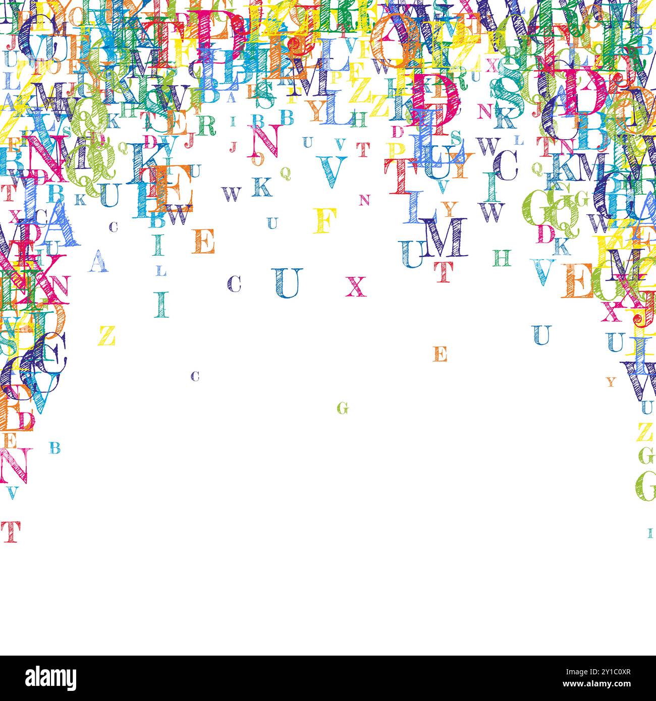 Foreign Language Lettering School notebook cover. Colorful childish floating letters of Latin ...