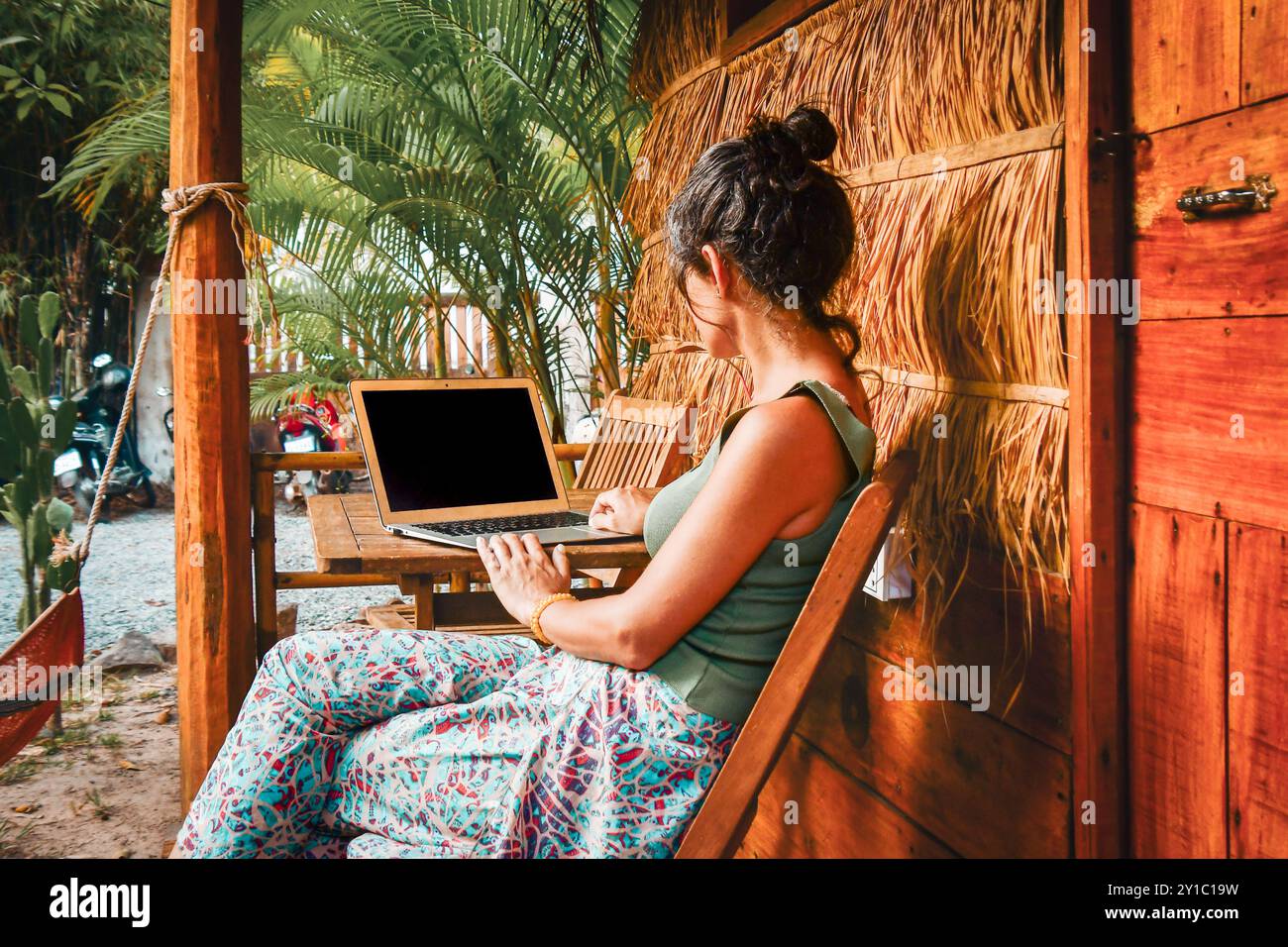 Using Computer Outside Back view caucasian hipster woman sit by computer outside eco-friendly ...