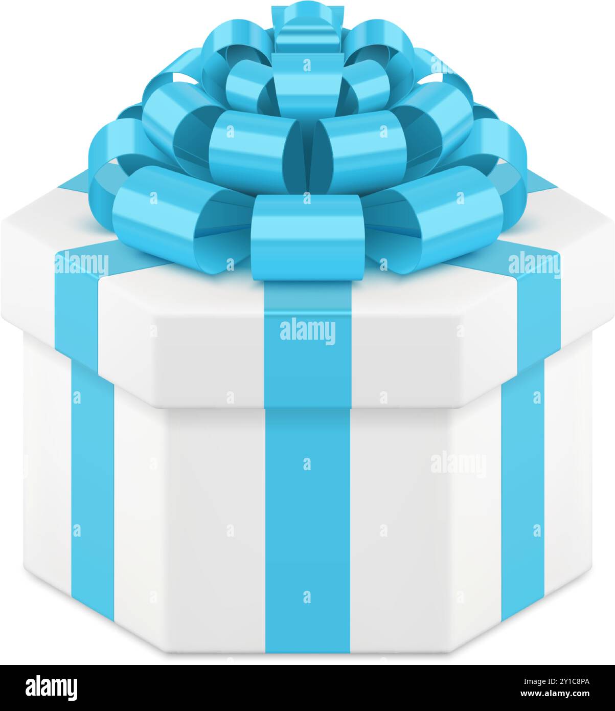 White elegant hexagonal gift box with blue luxury bow ribbon 3d icon ...