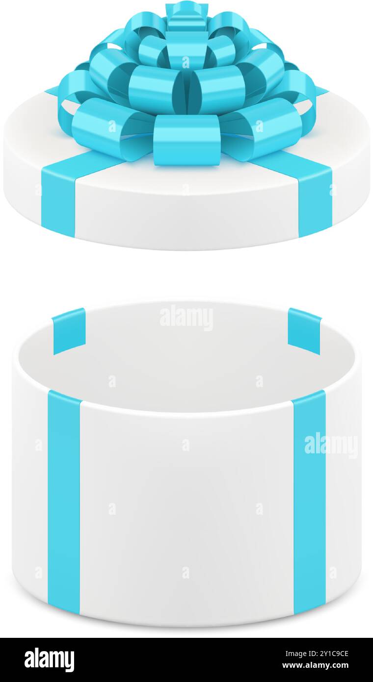 White elegant circle gift box with luxury blue bow ribbon holiday ...