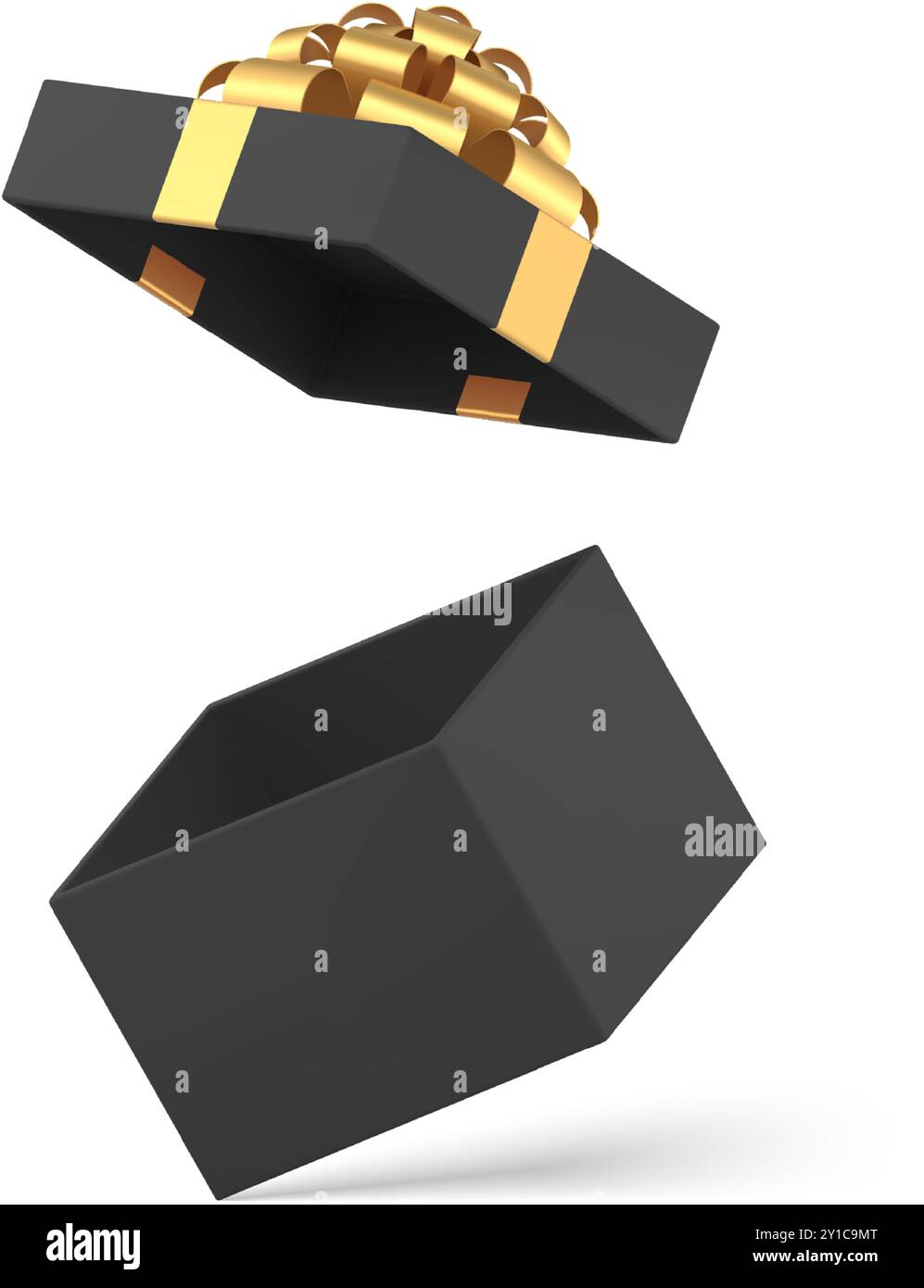 Black fashion gift box with open cap golden bow ribbon empty displaced ...