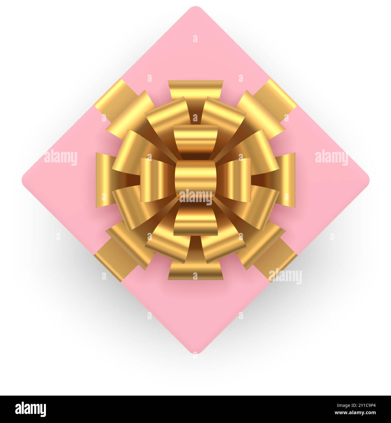 Pink elegant gift box with premium glossy golden bow ribbon top view 3d ...