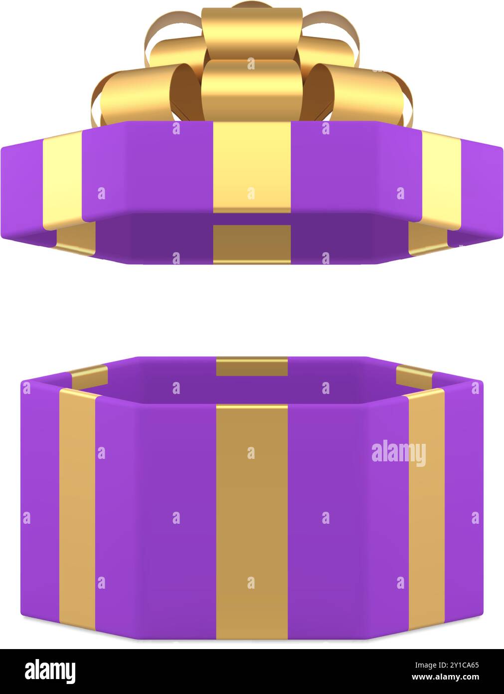 Purple luxury open gift box with golden bow ribbon holiday present 3d ...