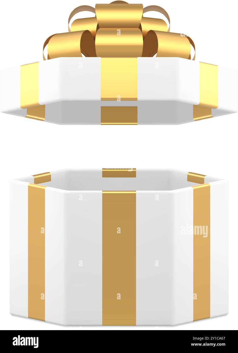 White luxury open gift box hexagonal present pack with golden bow ...