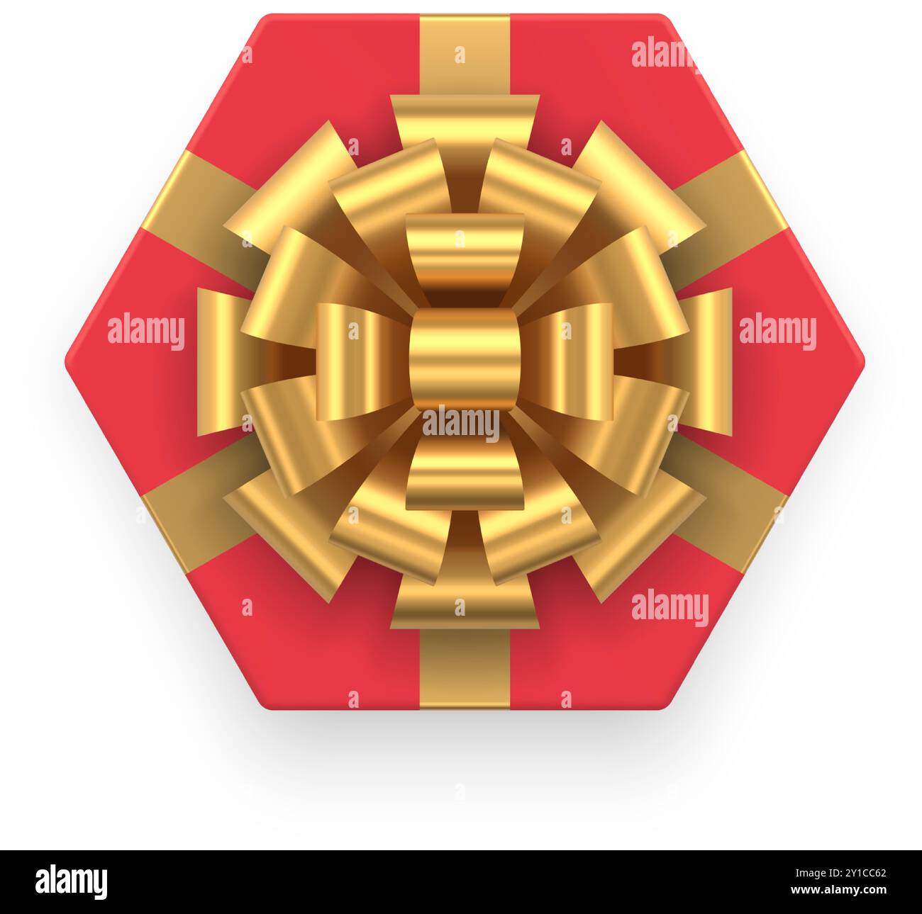 Top view realistic hexagonal red wrapped cardboard package with desired present 3d template vector illustration. Isometric polygonal gift box decorate Stock Vector