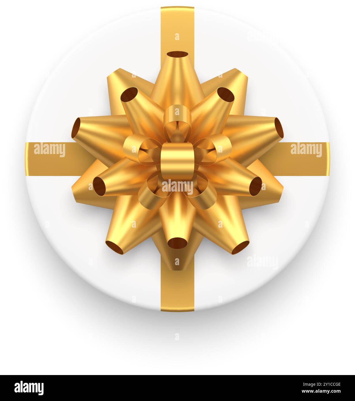 Expensive gift box container circle shape golden bow ribbon top view 3d ...