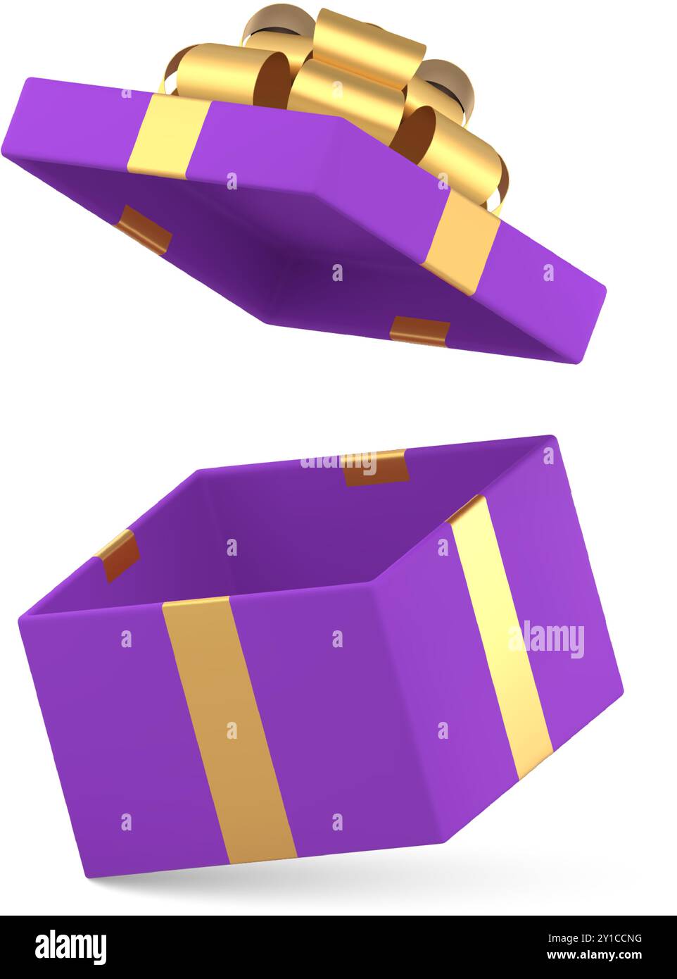 Purple luxury gift box with open flying lid and golden bow ribbon 3d ...