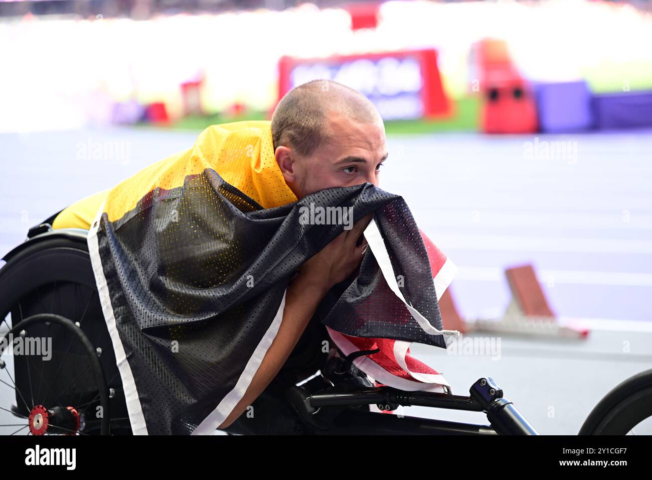 Paris, France. 06th Sep, 2024. Belgian Paralympian athlete Maxime Carabin pictured after winning the heats of the men's 100m T52 finals para athletics event, on day 9 of the 2024 Summer Paralympic Games in Paris, France on Friday 06 September 2024. The 17th Paralympics are taking place from 28 August to 8 September 2024 in Paris. BELGA PHOTO LAURIE DIEFFEMBACQ Credit: Belga News Agency/Alamy Live News Stock Photo